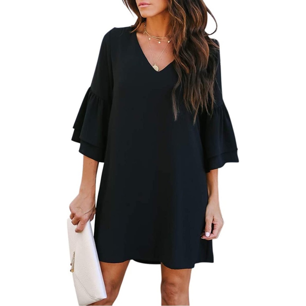 Belongsci black V-Neck Bell Sleeve Shift Mini Dress (M)